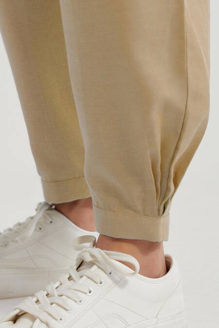 The Indian Cause_Beige Cotton Collared Boyfriend Plain Kurta With Straight Pant_Online_at_Aza_Fashions