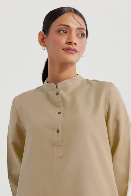 Buy_The Indian Cause_Beige Cotton Collared Boyfriend Plain Kurta With Straight Pant_Online_at_Aza_Fashions