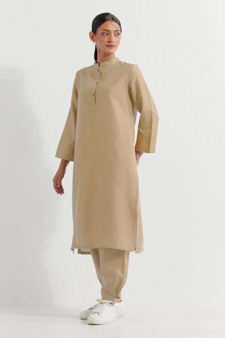 Shop_The Indian Cause_Beige Cotton Collared Boyfriend Plain Kurta With Straight Pant_Online_at_Aza_Fashions