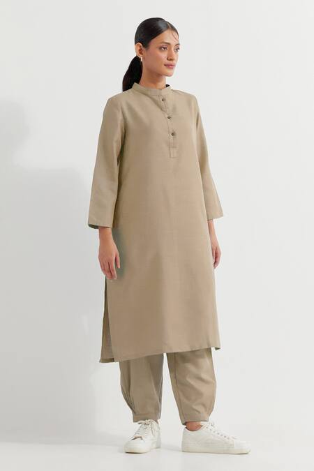 The Indian Cause_Beige Cotton Collared Boyfriend Plain Kurta With Straight Pant_at_Aza_Fashions