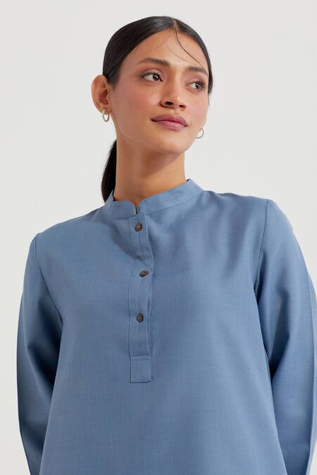 Shop_The Indian Cause_Blue Cotton Collared Boyfriend Kurta With Pant _Online_at_Aza_Fashions