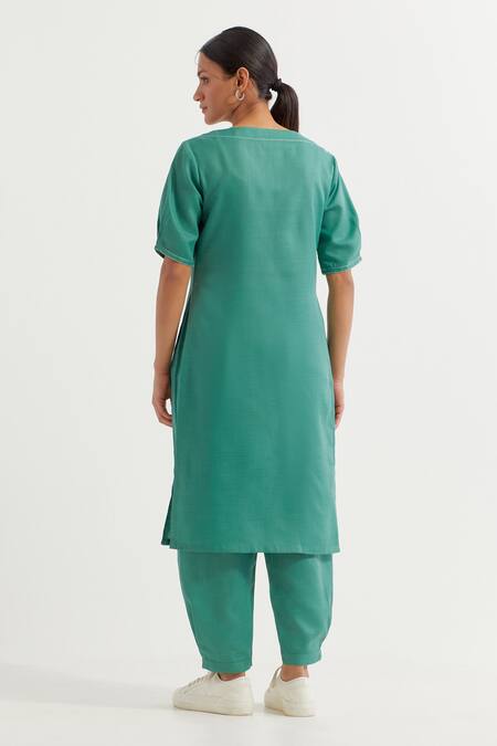 Shop_The Indian Cause_Green , Satin Round Neck Joanna Plain Kurta With Pant _at_Aza_Fashions