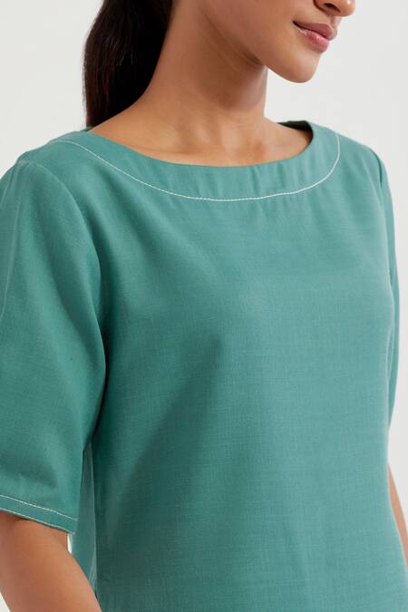 Buy_The Indian Cause_Green , Satin Round Neck Joanna Plain Kurta With Pant _Online_at_Aza_Fashions
