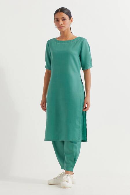 Shop_The Indian Cause_Green , Satin Round Neck Joanna Plain Kurta With Pant _Online_at_Aza_Fashions