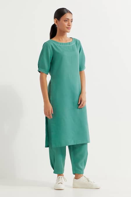The Indian Cause_Green , Satin Round Neck Joanna Plain Kurta With Pant _at_Aza_Fashions