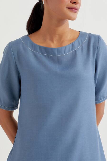 The Indian Cause Blue Cotton Round Neck Joanna Straight Kurta With Pant Online at Aza Fashions The Indian Cause_Blue Cotton Round Neck Joanna Straight Kurta With Pant_Online_at_Aza_Fashions