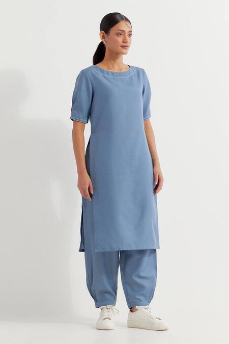 Buy The Indian Cause Blue Cotton Round Neck Joanna Straight Kurta With Pant Online at Aza Fashions Buy_The Indian Cause_Blue Cotton Round Neck Joanna Straight Kurta With Pant_Online_at_Aza_Fashions