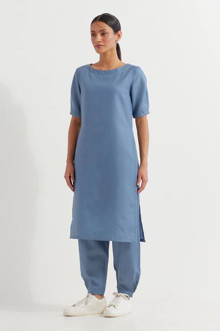 Shop The Indian Cause Blue Cotton Round Neck Joanna Straight Kurta With Pant Online at Aza Fashions Shop_The Indian Cause_Blue Cotton Round Neck Joanna Straight Kurta With Pant_Online_at_Aza_Fashions