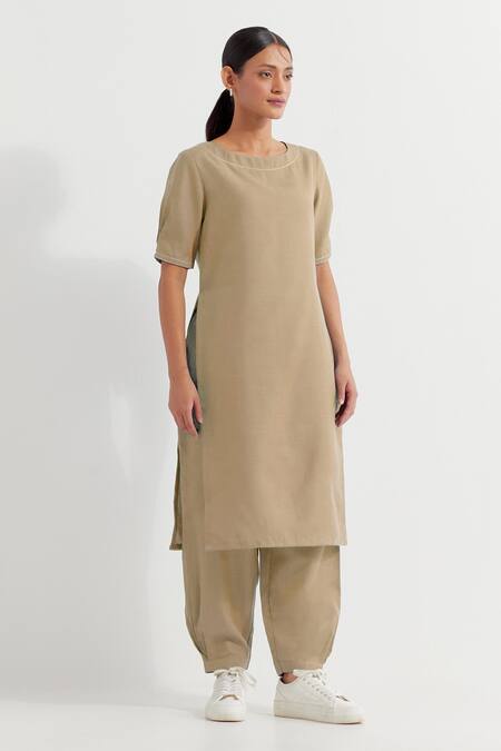 Buy The Indian Cause Beige Cotton Round Neck Joanna Straight Plain Kurta With Pant Online at Aza Fashions Buy_The Indian Cause_Beige Cotton Round Neck Joanna Straight Plain Kurta With Pant_Online_at_Aza_Fashions