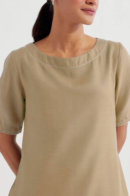 Shop The Indian Cause Beige Cotton Round Neck Joanna Straight Plain Kurta With Pant Online at Aza Fashions Shop_The Indian Cause_Beige Cotton Round Neck Joanna Straight Plain Kurta With Pant_Online_at_Aza_Fashions