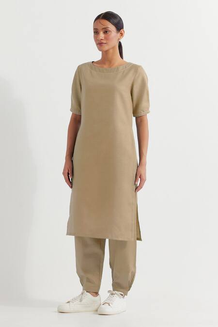 The Indian Cause Beige Cotton Round Neck Joanna Straight Plain Kurta With Pant at Aza Fashions The Indian Cause_Beige Cotton Round Neck Joanna Straight Plain Kurta With Pant_at_Aza_Fashions