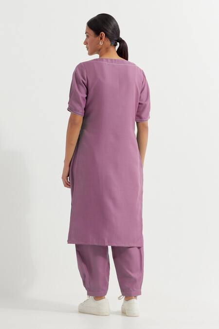 Shop_The Indian Cause_Purple Cotton Round Neck Joanna Plain Kurta With Straight Pant_at_Aza_Fashions
