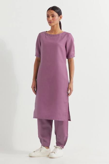 Buy_The Indian Cause_Purple Cotton Round Neck Joanna Plain Kurta With Straight Pant_Online_at_Aza_Fashions