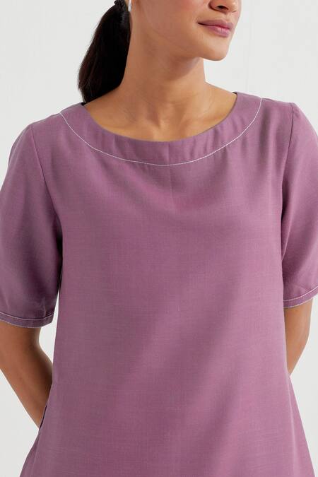 Shop_The Indian Cause_Purple Cotton Round Neck Joanna Plain Kurta With Straight Pant_Online_at_Aza_Fashions