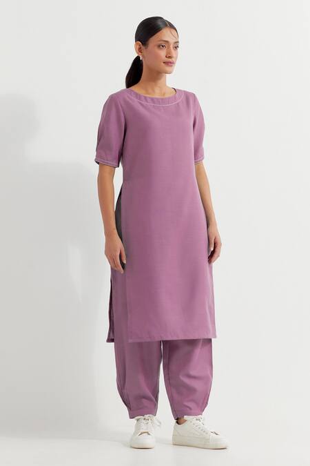 The Indian Cause_Purple Cotton Round Neck Joanna Plain Kurta With Straight Pant_at_Aza_Fashions