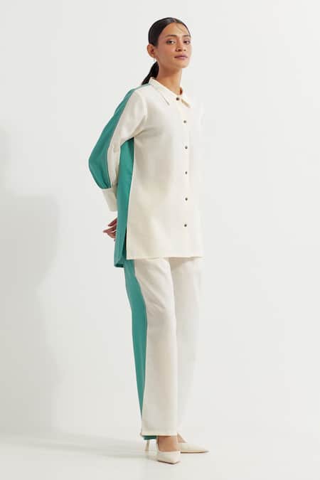 The Indian Cause_White Collared Color Blocked Shirt And Pant Set_Online_at_Aza_Fashions