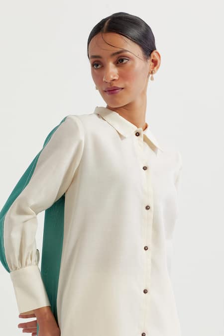 Buy_The Indian Cause_White Collared Color Blocked Shirt And Pant Set_Online_at_Aza_Fashions