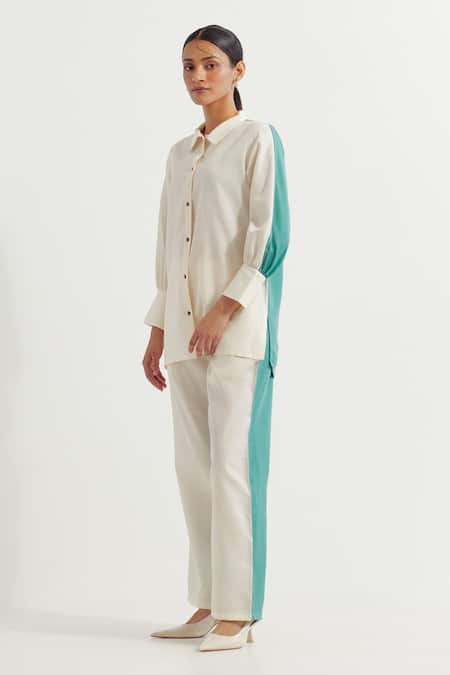 Shop_The Indian Cause_White Collared Color Blocked Shirt And Pant Set_Online_at_Aza_Fashions