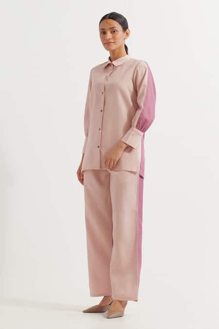 Buy_The Indian Cause_Pink Collared Color Blocked Shirt And Pant Set_Online_at_Aza_Fashions