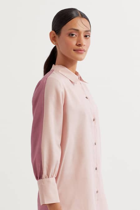 Shop_The Indian Cause_Pink Collared Color Blocked Shirt And Pant Set_Online_at_Aza_Fashions
