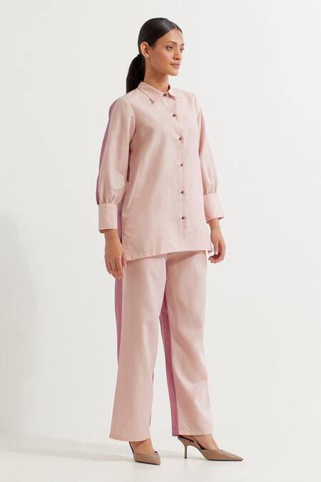 The Indian Cause_Pink Collared Color Blocked Shirt And Pant Set_at_Aza_Fashions