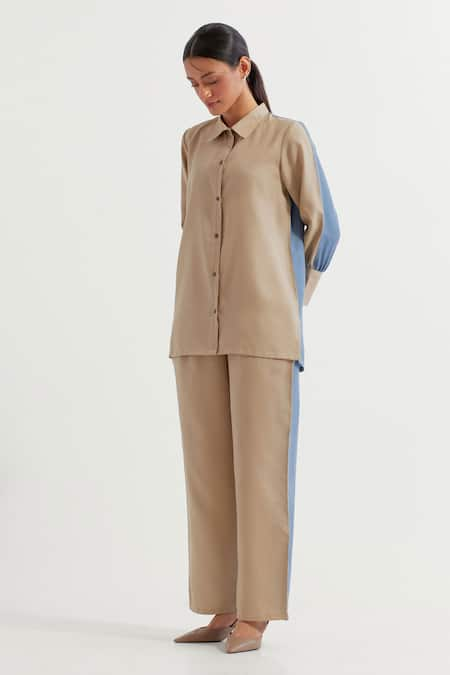 TIC Beige Cotton Slub Embroidered Thread Collared Blue Shirt And Pant Set 