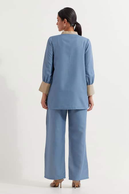 The Indian Cause Beige Blue Embroidered Shirt & Pant Set 