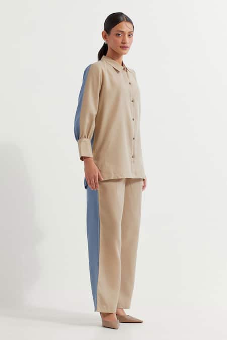 Buy_The Indian Cause_Beige Collared Blue Embroidered Shirt And Pant Set _Online_at_Aza_Fashions