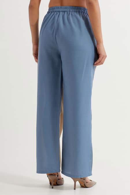 Shop_The Indian Cause_Beige Collared Blue Embroidered Shirt And Pant Set _Online_at_Aza_Fashions