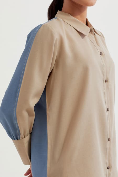 The Indian Cause_Beige Collared Blue Embroidered Shirt And Pant Set _at_Aza_Fashions