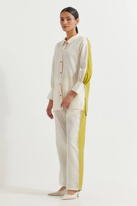 Buy_The Indian Cause_White Cotton Embroidery Collared Caroline Button Down Shirt And Pant Co-ord Set_Online_at_Aza_Fashions