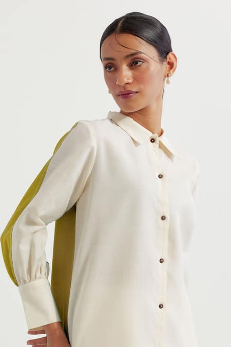 Shop_The Indian Cause_White Cotton Embroidery Collared Caroline Button Down Shirt And Pant Co-ord Set_Online_at_Aza_Fashions