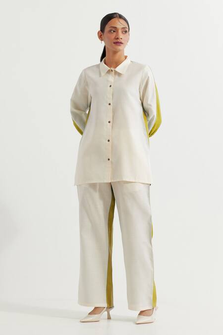 The Indian Cause_White Cotton Embroidery Collared Caroline Button Down Shirt And Pant Co-ord Set_at_Aza_Fashions