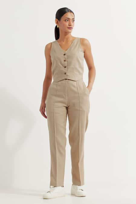 TIC Beige Cotton Slub Plain V Neck Button Down Vest And Pant Set 