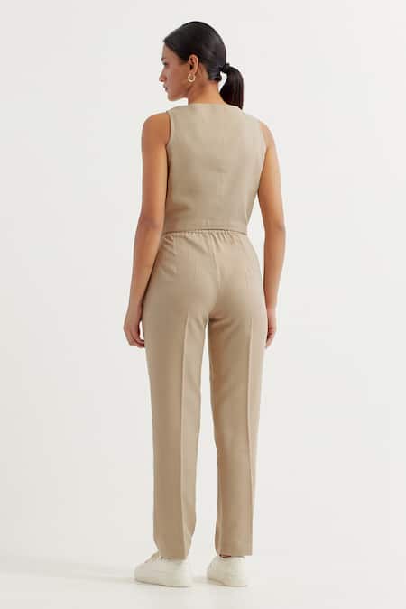 Shop_The Indian Cause_Beige V-neck Button Down Vest And Pant Set_at_Aza_Fashions