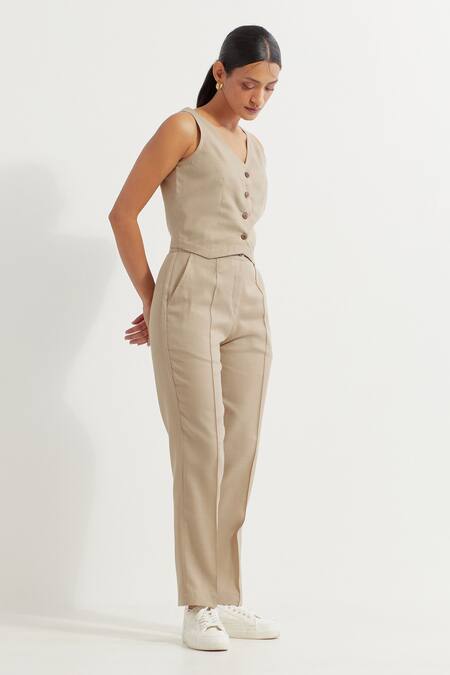 The Indian Cause_Beige V-neck Button Down Vest And Pant Set_Online_at_Aza_Fashions