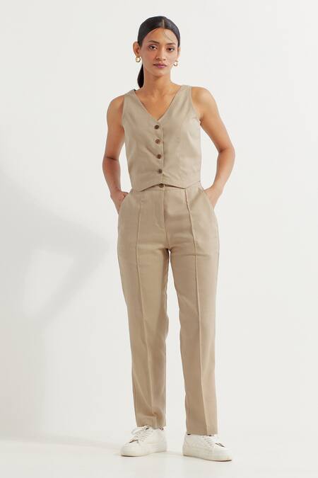 Buy_The Indian Cause_Beige V-neck Button Down Vest And Pant Set_Online_at_Aza_Fashions