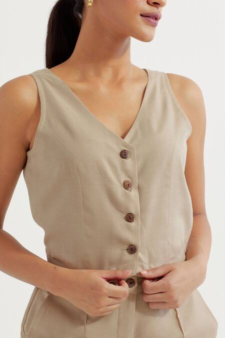 Shop_The Indian Cause_Beige V-neck Button Down Vest And Pant Set_Online_at_Aza_Fashions