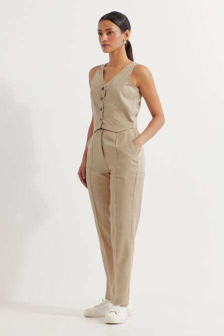 The Indian Cause_Beige V-neck Button Down Vest And Pant Set_at_Aza_Fashions