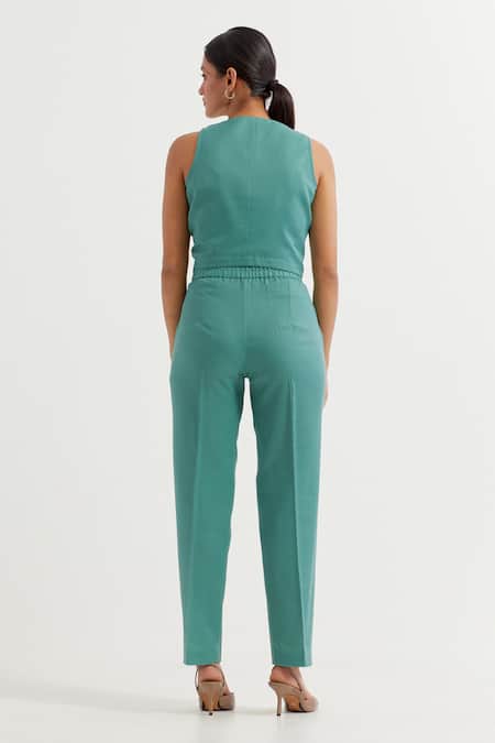 Shop The Indian Cause Green V-neck Button Down Sleeveless Vest And Pant Set at Aza Fashions Shop_The Indian Cause_Green V-neck Button Down Sleeveless Vest And Pant Set_at_Aza_Fashions