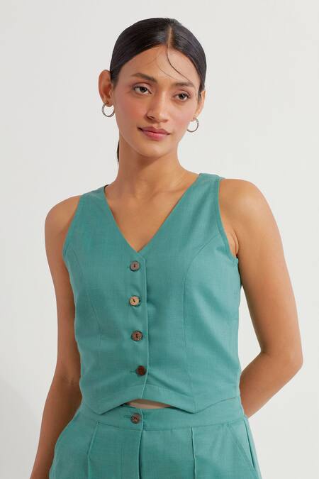 Buy The Indian Cause Green V-neck Button Down Sleeveless Vest And Pant Set Online at Aza Fashions Buy_The Indian Cause_Green V-neck Button Down Sleeveless Vest And Pant Set_Online_at_Aza_Fashions