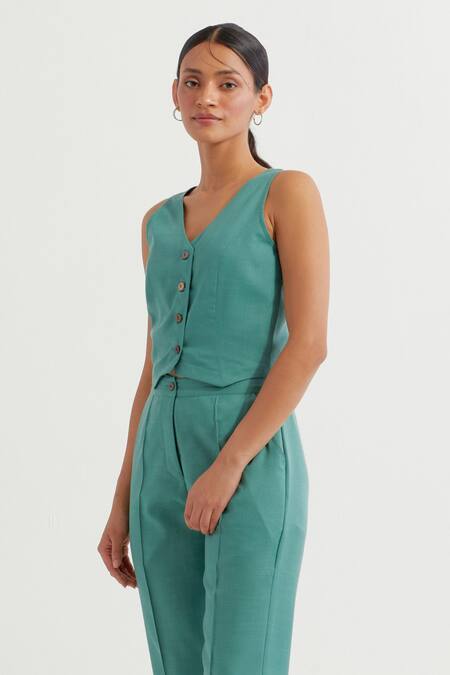 Shop The Indian Cause Green V-neck Button Down Sleeveless Vest And Pant Set Online at Aza Fashions Shop_The Indian Cause_Green V-neck Button Down Sleeveless Vest And Pant Set_Online_at_Aza_Fashions