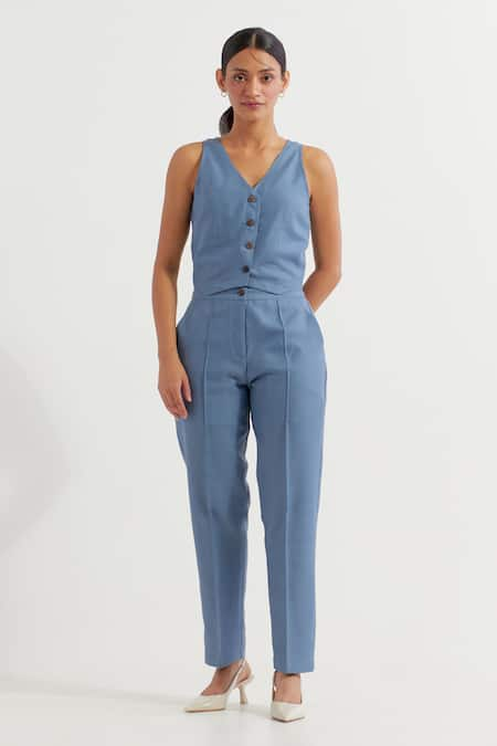 TIC Blue Cotton Slub Plain V Neck Anne Sleeveless Vest And Pant Co-ord Set 