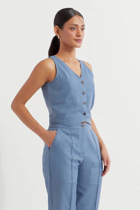 Buy_The Indian Cause_Blue Cotton V-neck Anne Sleeveless Plain Vest And Pant Co-ord Set_Online_at_Aza_Fashions