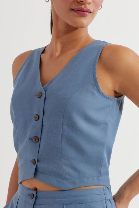 Shop_The Indian Cause_Blue Cotton V-neck Anne Sleeveless Plain Vest And Pant Co-ord Set_Online_at_Aza_Fashions