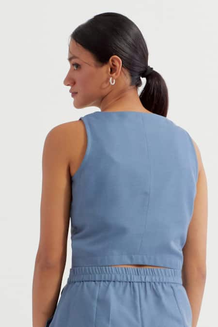 The Indian Cause_Blue Cotton V-neck Anne Sleeveless Plain Vest And Pant Co-ord Set_at_Aza_Fashions