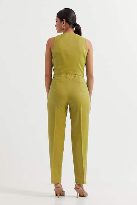 Shop_The Indian Cause_Green V-neck Lime Button Down Vest And Pant Set_at_Aza_Fashions