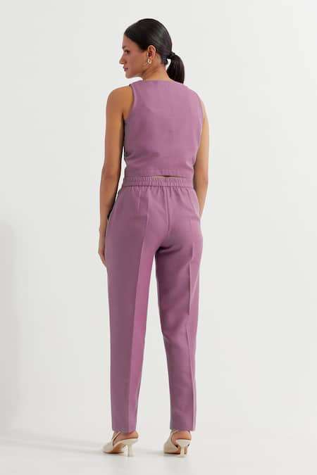 Shop_The Indian Cause_Purple Cotton V-neck Anne Plain Sleeveless Vest And Pant Co-ord Set_at_Aza_Fashions