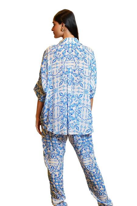 Sajeda A Lehry_Blue Silk Crepe Digital Printed Floral Collared Athena Greek Shirt With Pant _Online_at_Aza_Fashions