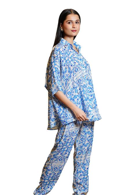 Buy_Sajeda A Lehry_Blue Silk Crepe Digital Printed Floral Collared Athena Greek Shirt With Pant _Online_at_Aza_Fashions